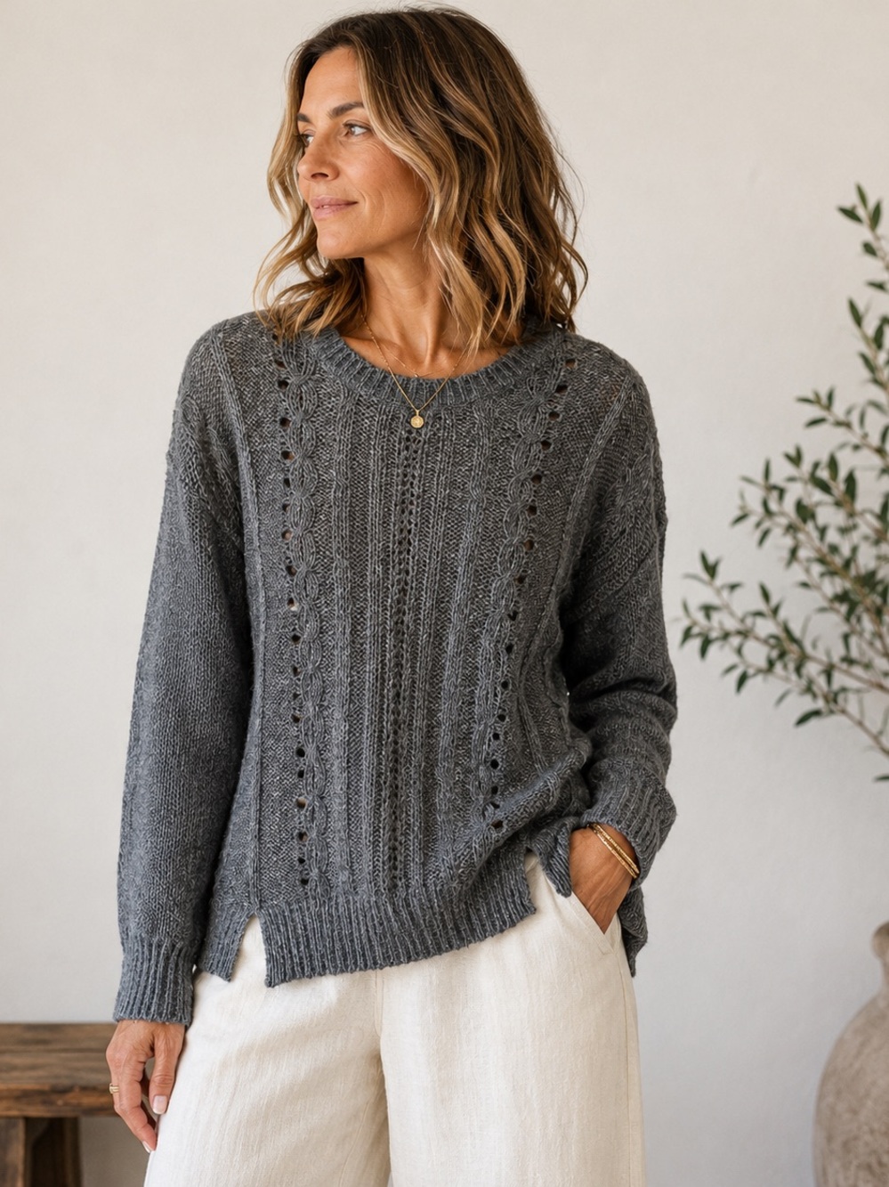 Cynthia Rowley Gray Wool Blend Cable Knit Open Stitch Sweater